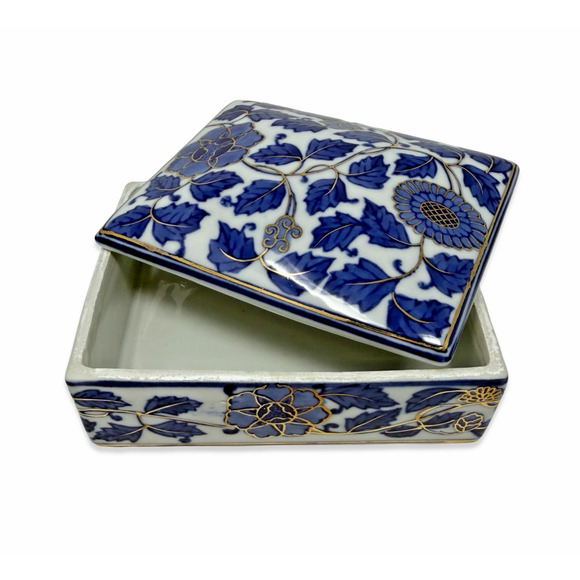 White Other - Vintage Blue White Floral Porcelain Trinket Box Gold Detail Lidded Jewelry Box